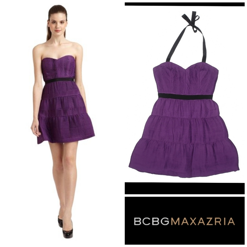BCBGMAXAZRIA Grape Purple Ruched Chiffon Dress w/ Added Halter Strap Size 0